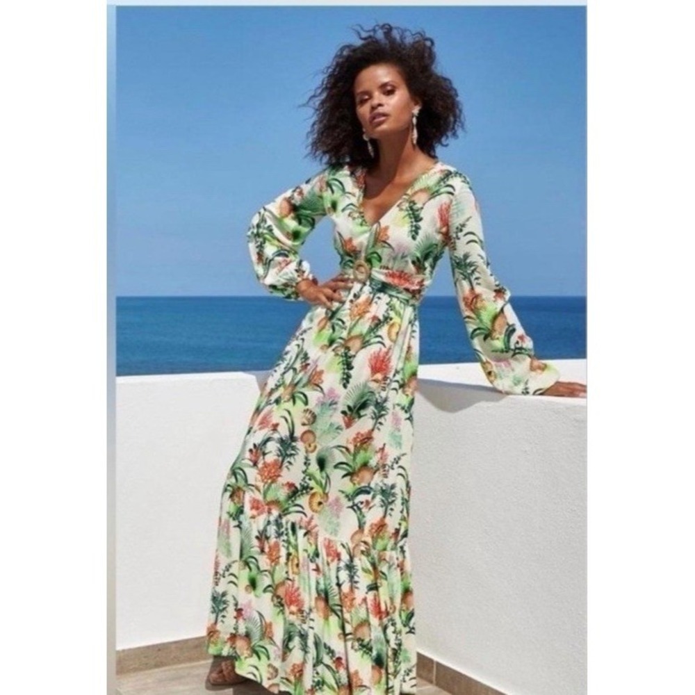 Boston Proper Maxi Dress Sea Life SZ 8 Tropical V-Neck Long Sleeve Beachy Resort